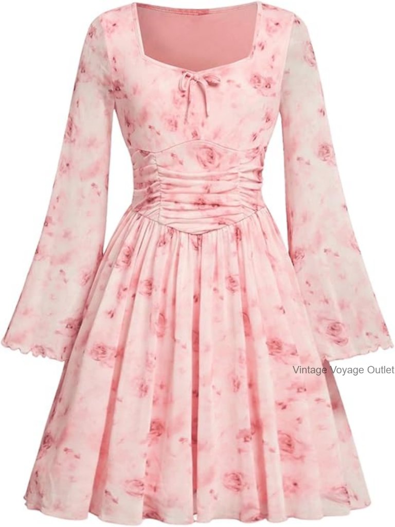 Floral Mesh Boho Dress Long Sleeve Ruched A-Line Flowy